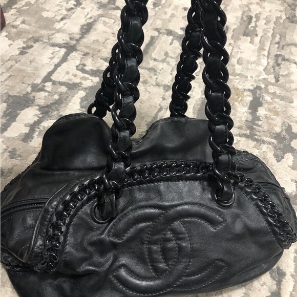 CHANEL CC HANDBAGS Black LEATHER&PLASTI<wbr/>C CHAIN SHOULDER STRAP TOTE BOW - Picture 3 of 3